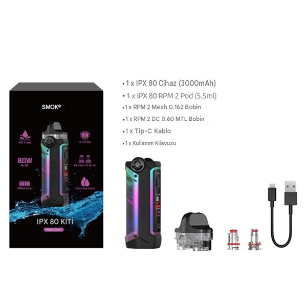 SMOK IPX80 Pod Kit kutu içeriği ve aksesuarları