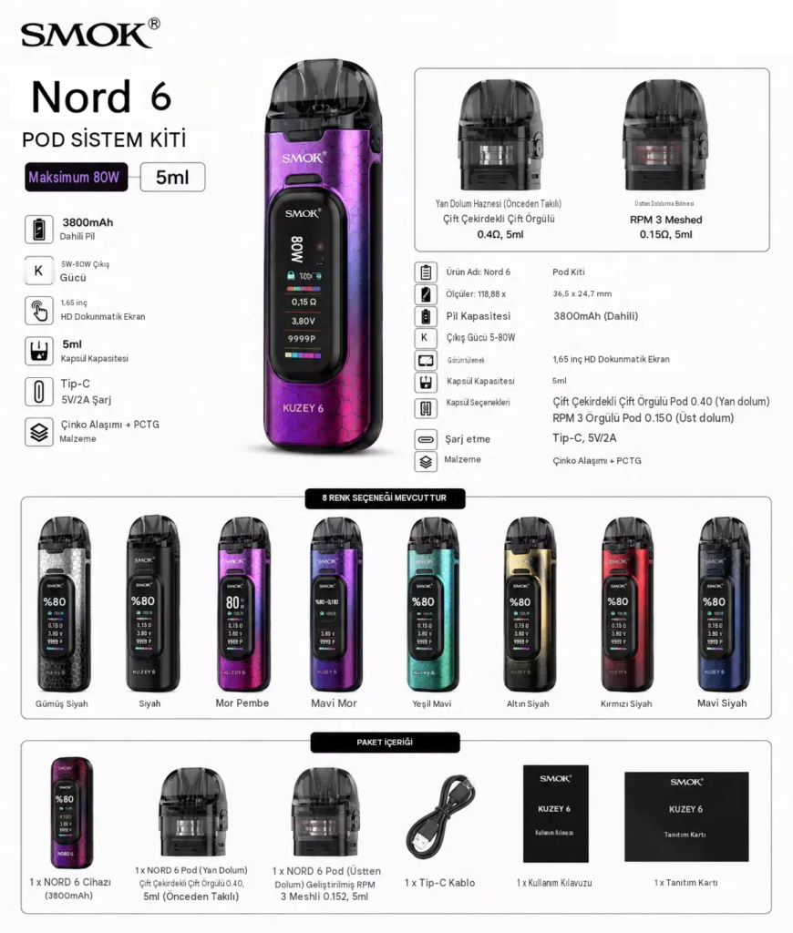 SMOK Nord 6 Kit 3800mAh 80W cihaz ve kutu görseli